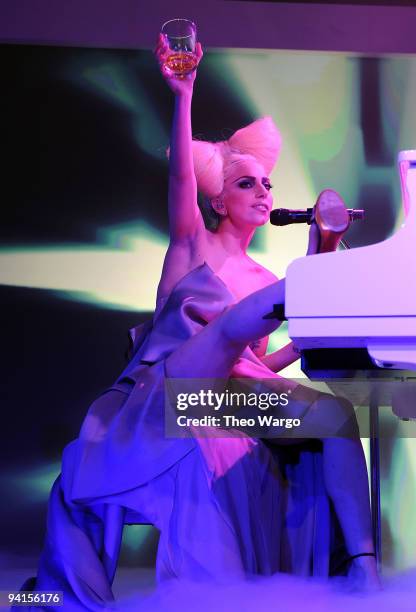 Musician Lady Gaga performs onstage at the launch of VEVO, the world's premiere destination for premium music video and entertainmentat Skylight...