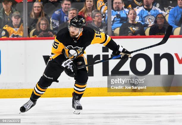 Riley Sheahan of the Pittsburgh Penguins skates against the Montreal Canadiens at PPG Paints Arena on March 31, 2018 in Pittsburgh, Pennsylvania.