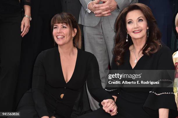 Patty Jenkins and Lynda Carter attend a ceremony honoring Lynda Carter with the 2,632nd star on the Hollywood Walk of Fame on April 3, 2018 in...