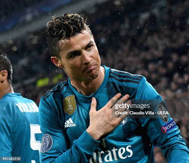 Cristiano Ronaldo of Real Madrid celebrates after scoring the second goal during the UEFA Champions Quarter Final Leg One match between Juventus and...