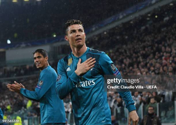 Cristiano Ronaldo of Real Madrid celebrates after scoring the second goal during the UEFA Champions Quarter Final Leg One match between Juventus and...