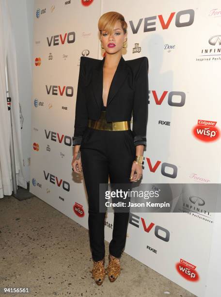 Singer Rihanna attends the launch of VEVO, a music-video website, at Skylight Studio on December 8, 2009 in New York City.