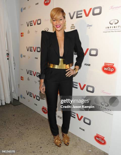 Singer Rihanna attends the launch of VEVO, a music-video website, at Skylight Studio on December 8, 2009 in New York City.