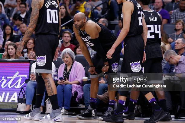 Vince Carter of the Sacramento Kings looks on after fouling Patrick McCaw of the Golden State Warriors at Golden 1 Center on March 31, 2018 in...
