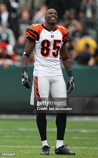 Chad Ochocinco of the Cincinnati Bengals looks on against the Oakland Raiders during an NFL game at Oakland-Alameda County Coliseum on November 22,...