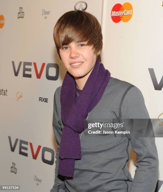 Singer Justin Bieber attends the launch of VEVO, a music-video website, at Skylight Studio on December 8, 2009 in New York City.