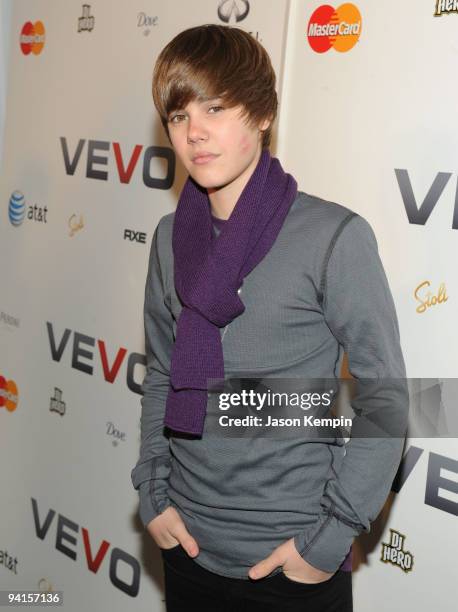 Singer Justin Bieber attends the launch of VEVO, a music-video website, at Skylight Studio on December 8, 2009 in New York City.