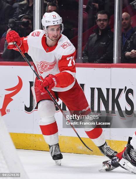 Dylan Larkin of the Detroit Red Wings skates against the Montreal Canadiens in the NHL game at the Bell Centre on March 26, 2018 in Montreal, Quebec,...