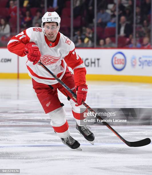 Dylan Larkin of the Detroit Red Wings skates against the Montreal Canadiens in the NHL game at the Bell Centre on March 26, 2018 in Montreal, Quebec,...