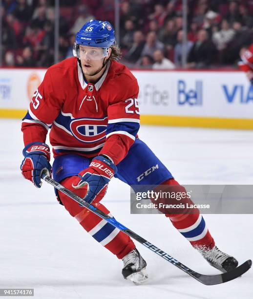Jacob De La Rose of the Montreal Canadiens skates against the Detroit Red Wings in the NHL game at the Bell Centre on March 26, 2018 in Montreal,...