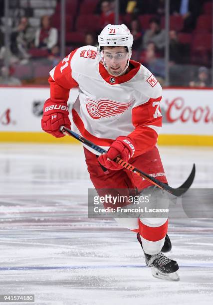 Dylan Larkin of the Detroit Red Wings skates against the Montreal Canadiens in the NHL game at the Bell Centre on March 26, 2018 in Montreal, Quebec,...
