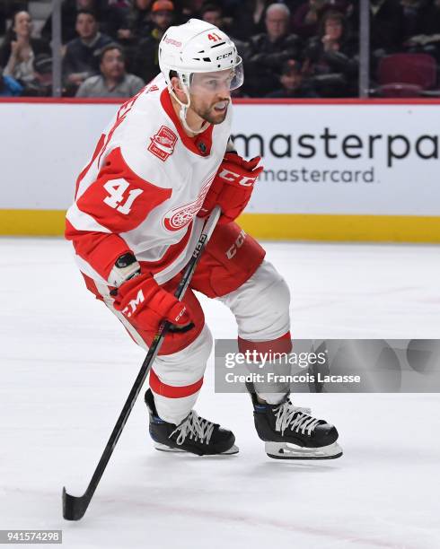 Luke Glendening of the Detroit Red Wings skates against the Montreal Canadiens in the NHL game at the Bell Centre on March 26, 2018 in Montreal,...