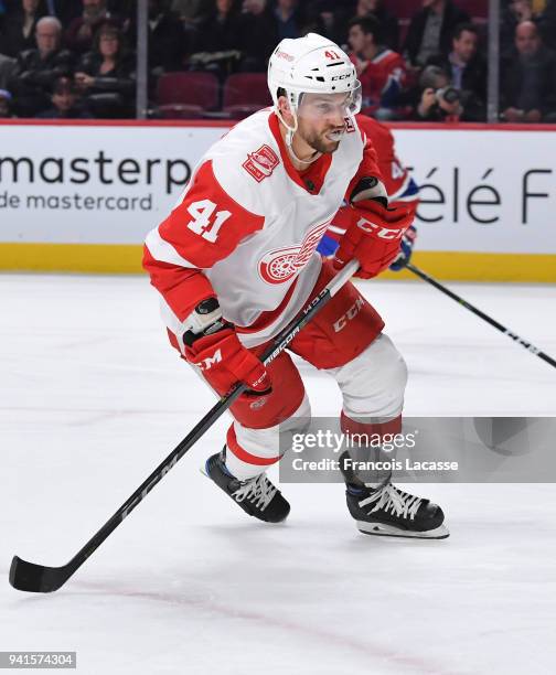 Luke Glendening of the Detroit Red Wings skates against the Montreal Canadiens in the NHL game at the Bell Centre on March 26, 2018 in Montreal,...