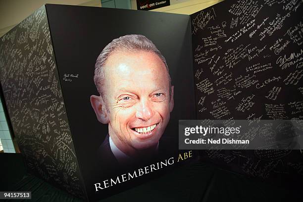 Signing board is filled with autographs during a memorial to late Washington Wizards owner Abe Pollin at the Verizon Center on December 8, 2009 in...