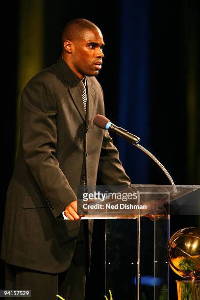Antawn Jamison of the Washington Wizards speaks during a memorial to late Washington Wizards owner Abe Pollin at the Verizon Center on December 8,...