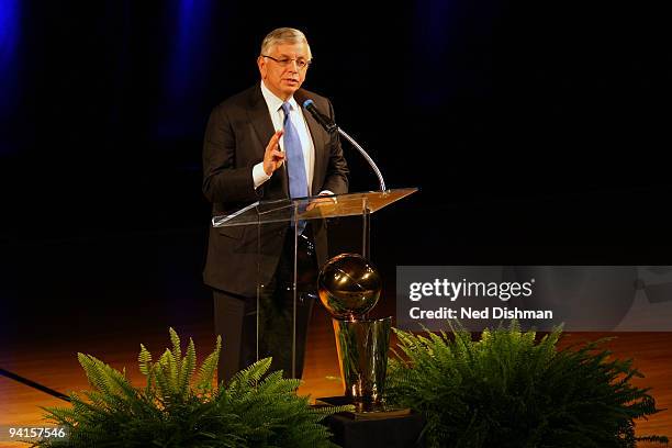 Commissioner David Stern speaks during a memorial to late Washington Wizards owner Abe Pollin at the Verizon Center on December 8, 2009 in...