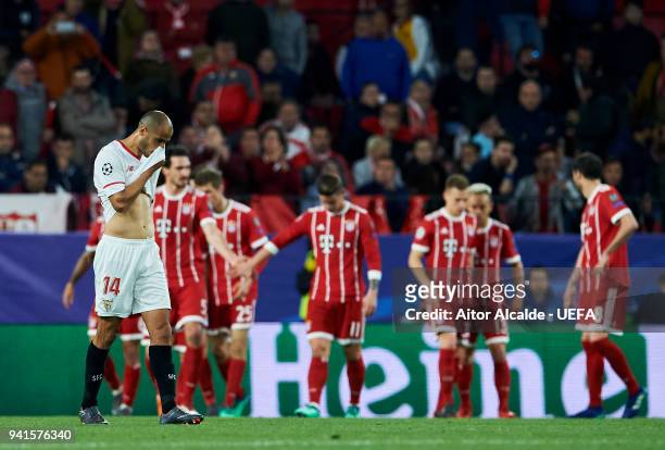 Guido Pizarro of Sevilla reacts during the UEFA Champions League Quarter Final Leg One match between Sevilla FC and Bayern Muenchen at Estadio Ramon...