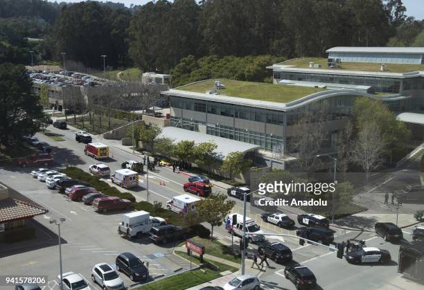 Security measures are taken after police officers responded to an active shooter at YouTube's California headquarters in San Bruno, California,...