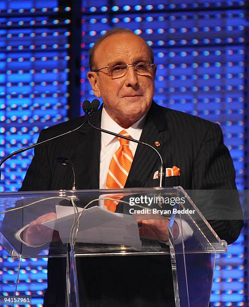 Clive Davis speaks onstage at the launch of VEVO, the world's premiere destination for premium music video and entertainmentat Skylight Studio on...