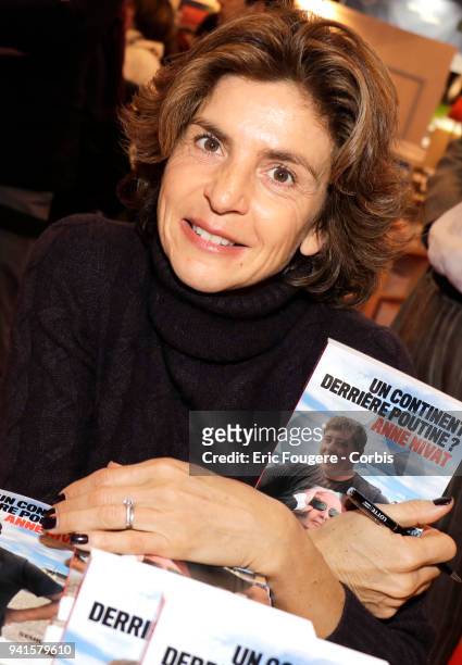 Reporter Anne Nivat poses during Paris Book Fair 2018 at Parc Des Expositions Porte de Versailles, France on .