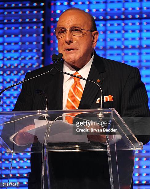 Clive Davis speaks onstage at the launch of VEVO, the world's premiere destination for premium music video and entertainmentat Skylight Studio on...