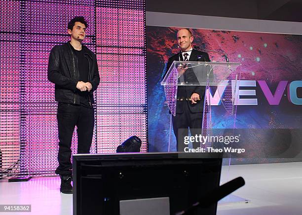 Musician John Mayer and CEO of Vevo Rio Caraeff speak onsage at the launch of VEVO, the world's premiere destination for premium music video and...