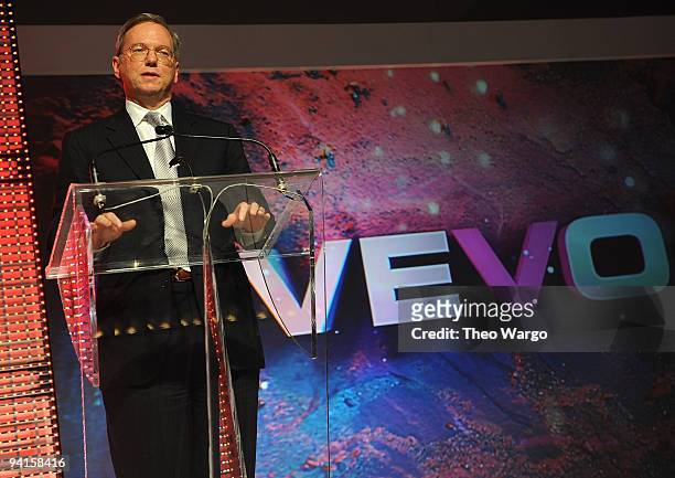 Of Google Eric Schmidt speaks onsage at the launch of VEVO, the world's premiere destination for premium music video and entertainmentat Skylight...