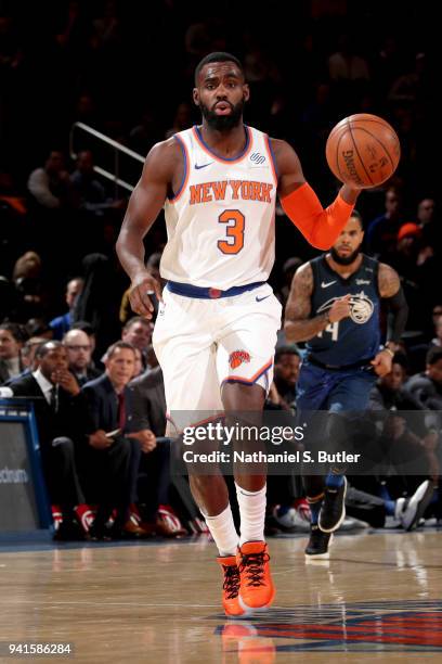 Tim Hardaway Jr. #3 of the New York Knicks handles the ball against the Orlando Magic on April 3, 2018 at Madison Square Garden in New York City, New...