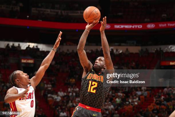 Taurean Prince of the Atlanta Hawks shoots the ball against the Miami Heat on April 3, 2018 at American Airlines Arena in Miami, Florida. NOTE TO...