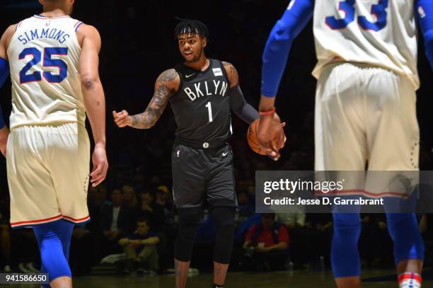 Angelo Russell of the Brooklyn Nets controls the ball against the Philadelphia 76ers at Wells Fargo Center on April 3, 2018 in Philadelphia,...