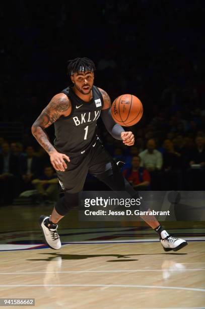 Angelo Russell of the Brooklyn Nets controls the ball against the Philadelphia 76ers at Wells Fargo Center on April 3, 2018 in Philadelphia,...