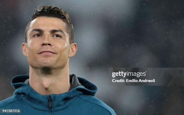 Cristiano Ronaldo of Real Madrid looks on during the UEFA Champions League Quarter Final Leg One match between Juventus and Real Madrid at Allianz...