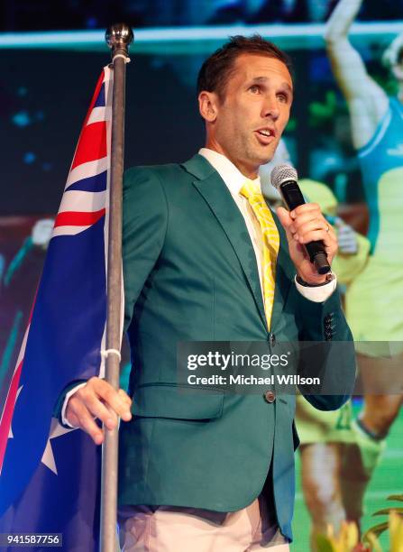 Flag bearer Mark Knowles speaks to the gathering during the Australian Team Reception at the 2018 Commonwealth Games on April 2, 2018.