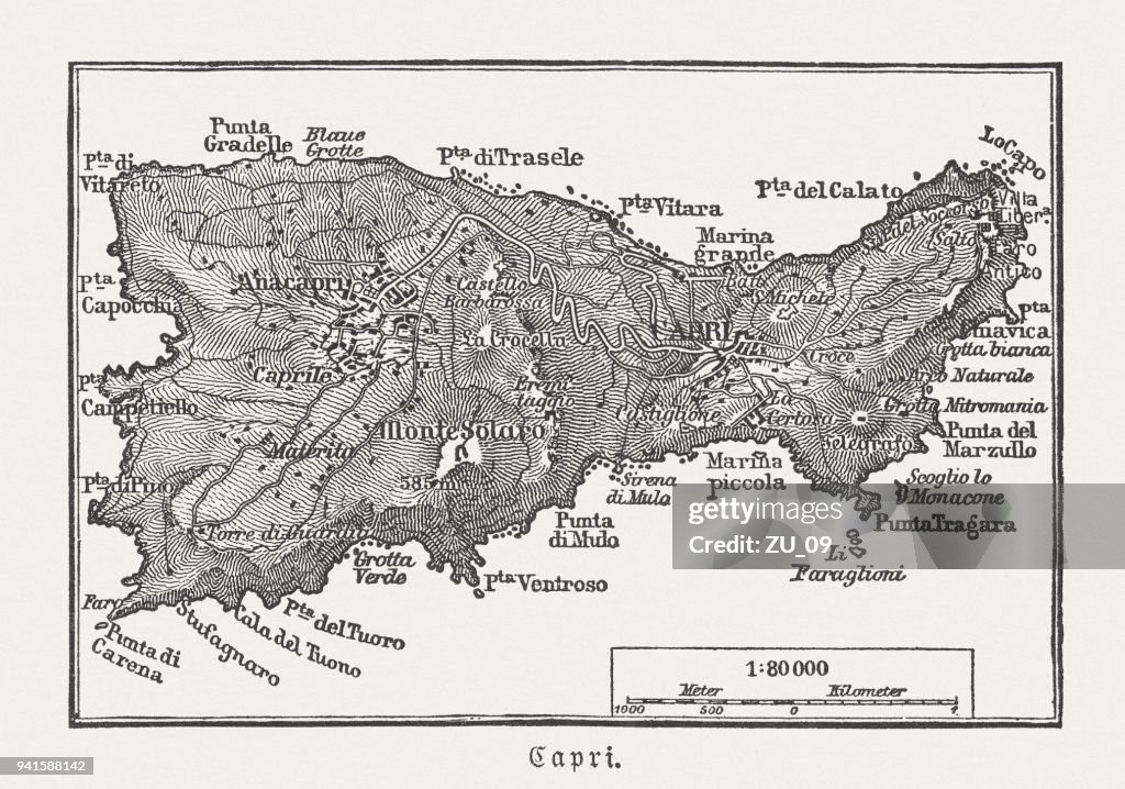 Map of Capri, Italian island, wood engraving published in 1897