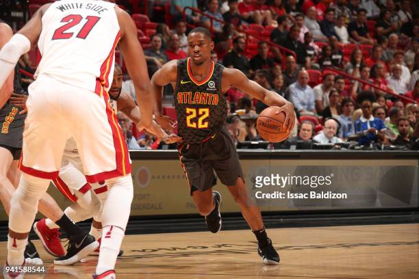 Isaiah Taylor of the Atlanta Hawks handles the ball against the Miami Heat on April 3, 2018 at American Airlines Arena in Miami, Florida. NOTE TO...