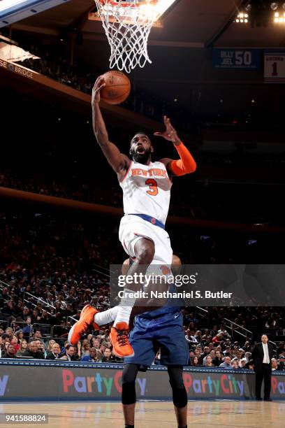 Tim Hardaway Jr. #3 of the New York Knicks goes to the basket against the Orlando Magic on April 3, 2018 at Madison Square Garden in New York City,...