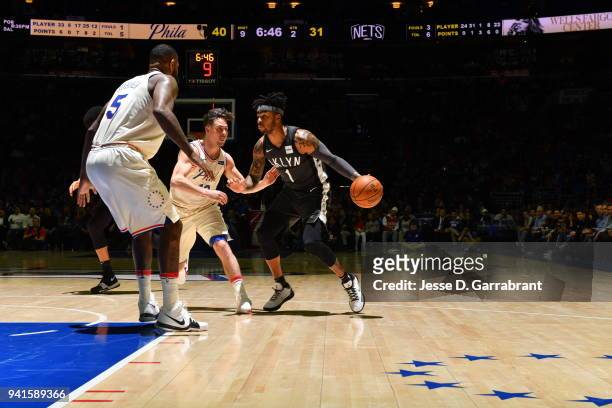 Angelo Russell of the Brooklyn Nets controls the ball against the Philadelphia 76ers at Wells Fargo Center on April 3, 2018 in Philadelphia,...