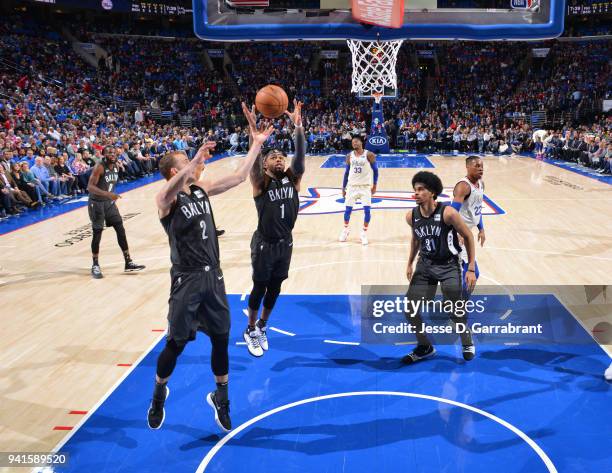 Angelo Russell of the Brooklyn Nets grabs the rebound against the Philadelphia 76ers at Wells Fargo Center on April 3, 2018 in Philadelphia,...