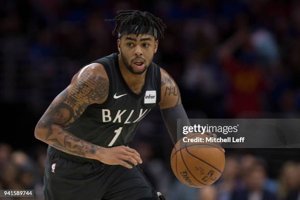 Angelo Russell of the Brooklyn Nets drives to the basket against the Philadelphia 76ers in the second quarter at the Wells Fargo Center on April 3,...