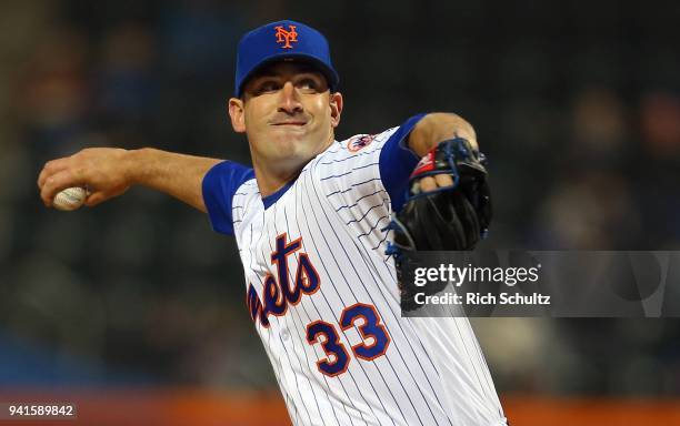 Matt Harvey of the New York Mets delivers a pitch against the Philadelphia Phillies during the first inning of a game at Citi Field on April 3, 2018...