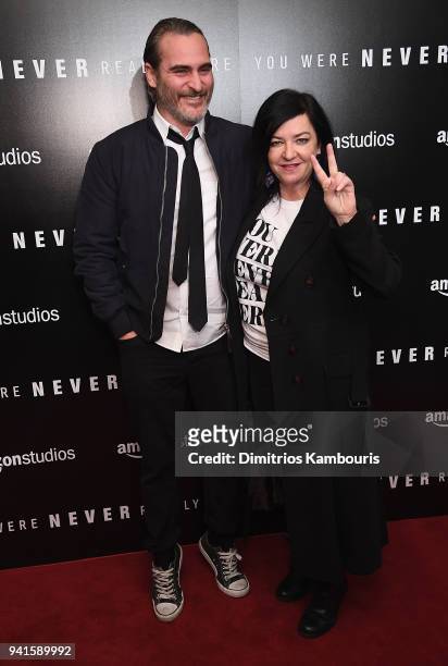 Joaquin Phoenix and director Lynne Ramsay attend "You Were Never Really Here" New York Premiere at Metrograph on April 3, 2018 in New York City.