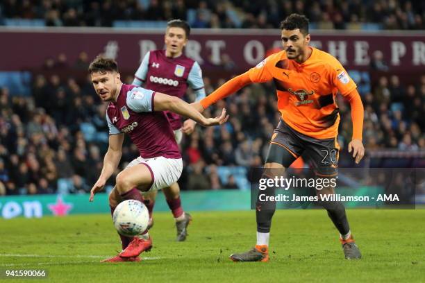 Scott Hogan of Aston Villa and Tiago Llori of Reading during the Sky Bet Championship match between Aston Villa and Reading at Villa Park on April 2,...