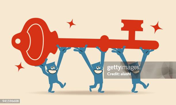 group of smiling people (three  businessmen) carrying a big key and walking - password strength stock illustrations
