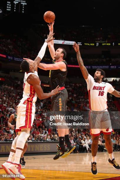 Miles Plumlee of the Atlanta Hawks shoots the ball against the Miami Heat on April 3, 2018 at American Airlines Arena in Miami, Florida. NOTE TO...