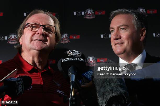 Kevin Sheedy and Eddie McGuire speak to the media during an AFL media opportunity at Melbourne Cricket Ground on April 4, 2018 in Melbourne,...