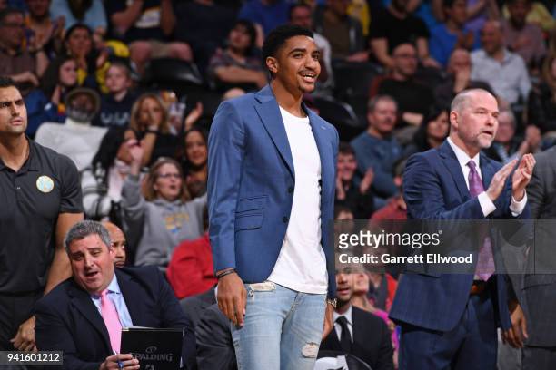 Gary Harris of the Denver Nuggets looks on during the game against the Milwaukee Bucks on April 1, 2018 at the Pepsi Center in Denver, Colorado. NOTE...