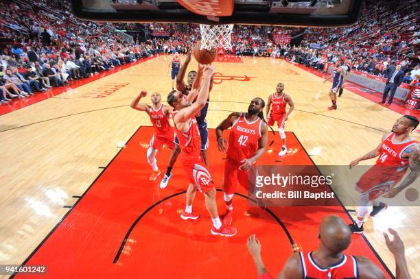 Ryan Anderson of the Houston Rockets goes to the basket against the Washington Wizards on April 3, 2018 at the Toyota Center in Houston, Texas. NOTE...