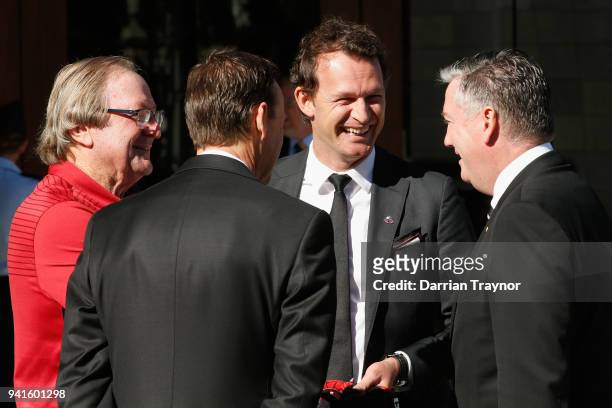 Kevin Sheedy, Collingwood CEO Mark Anderson Essendon CEO, Xavier Campbell and Collingwood President Eddie McGuire chat before presenting to 2018...