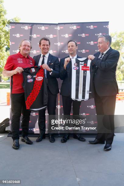 Kevin Sheedy, Essendon CEO, Xavier Campbell, Collingwood CEO Mark Anderson and Collingwood President Eddie McGuire present to 2018 ANZAC day jumpers...