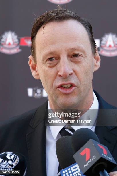 Collingwood CEO, Mark Anderson speaks to the media during an AFL media opportunity at Melbourne Cricket Ground on April 4, 2018 in Melbourne,...